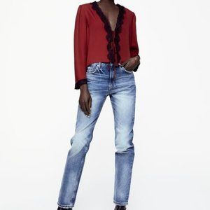 Zara Lace Shirt Dark Red Size XL NWT